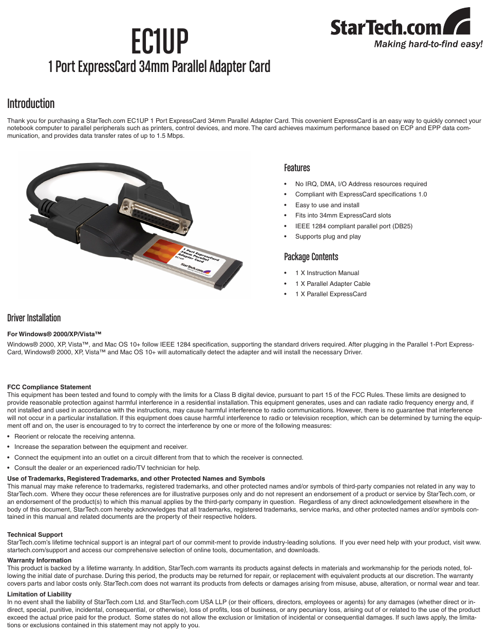 EC1UP StarTech.com 1-Port ExpressCard Parallel Laptop Adapter Card
