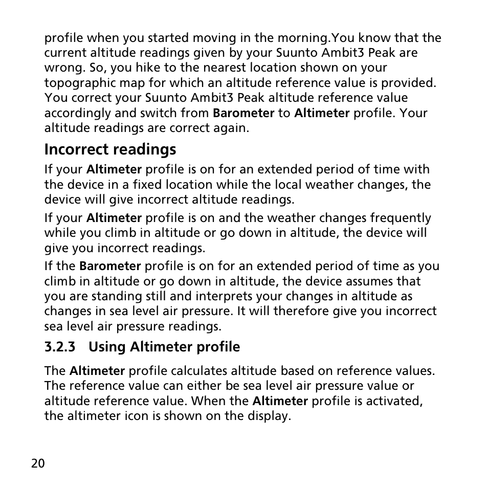 3 using altimeter profile, Incorrect readings | SUUNTO AMBIT3 PEAK User