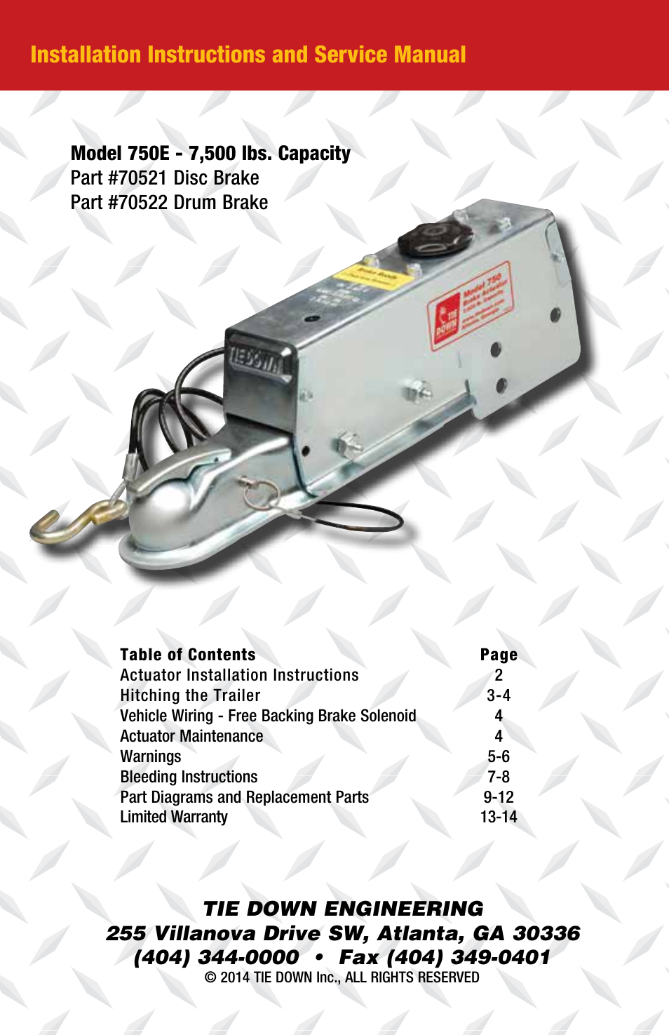 Installation Instructions And Service Manual Tie Down 750e User Manual Page 2 16