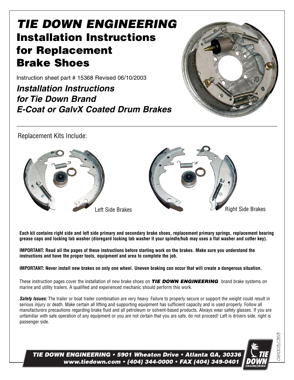 Tie Down Replacement Brake Shoes User Manual 4 Pages