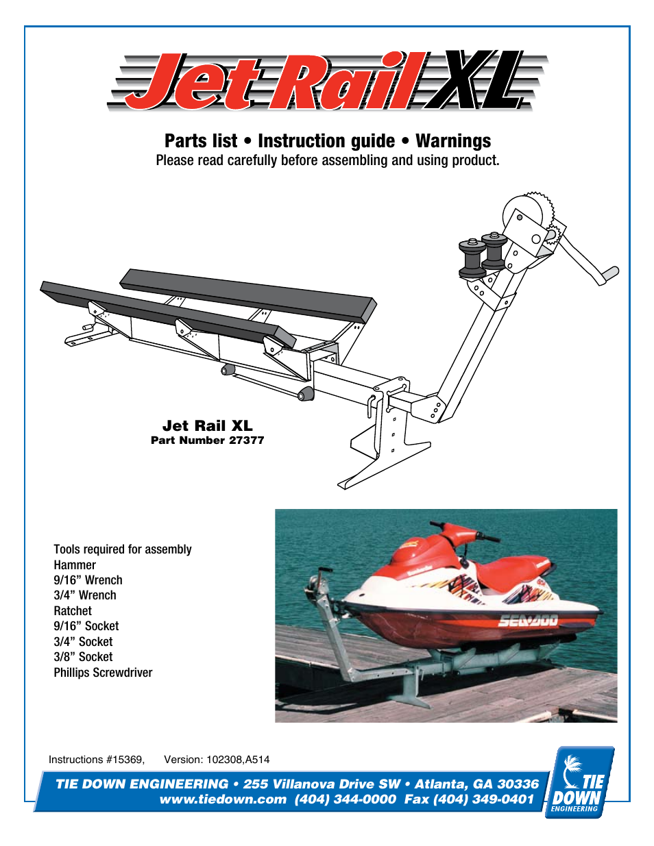 Tie Down Jet Rail Xl User Manual 10 Pages