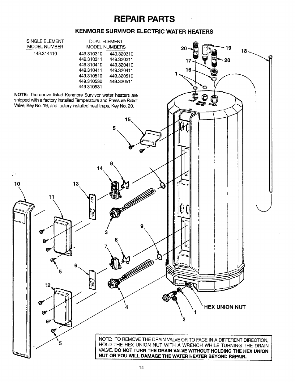 Repair parts, Kenmore survivor electric water heaters | Sears 449.310411  User Manual | Page 14 / 16