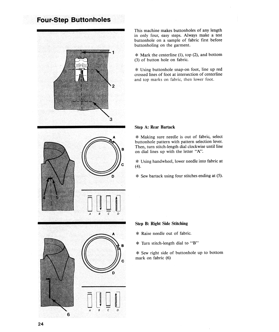 Step a: rear bartack, Step b: right side stitching, Four-step buttonholes | SINGER 2112 User Manual | Page 26 / 36