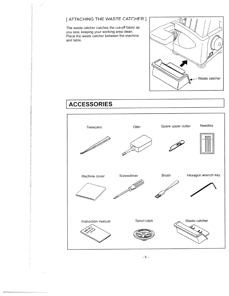 Attaching the waste catcher, Accessories | SINGER WSL1634 User Manual | Page 10 / 30