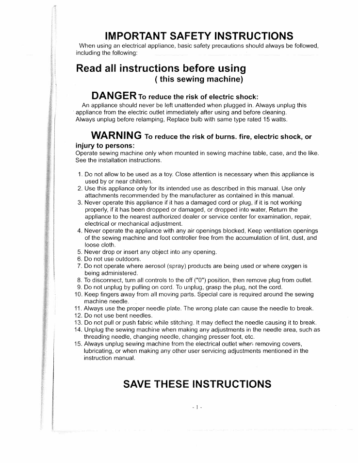Important safety instructions, Read all instructions before using, Danger | Warning, Save these instructions | SINGER WSL1634 User Manual | Page 3 / 30