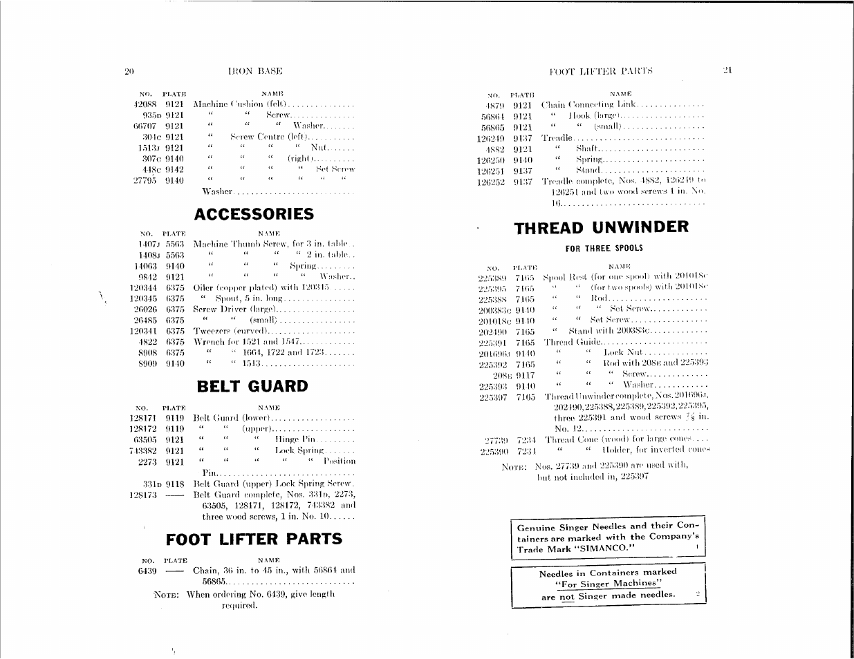 Accessories, Belt guard, Foot lifter parts | Thread unwinder | SINGER 148-5 User Manual | Page 10 / 24