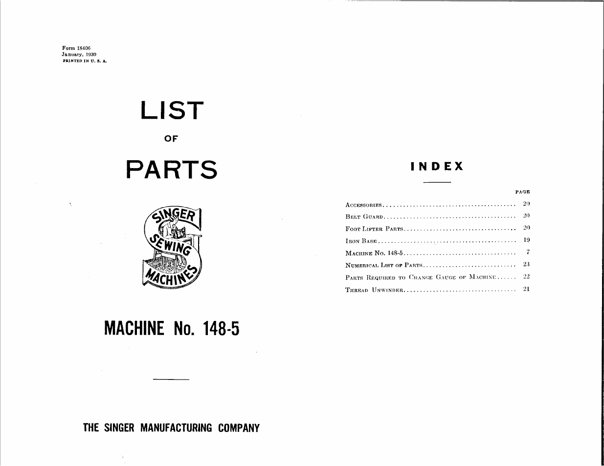 Machine no. 148-5, The singer manufacturing company, Index | List, Parts | SINGER 148-5 User Manual | Page 2 / 24
