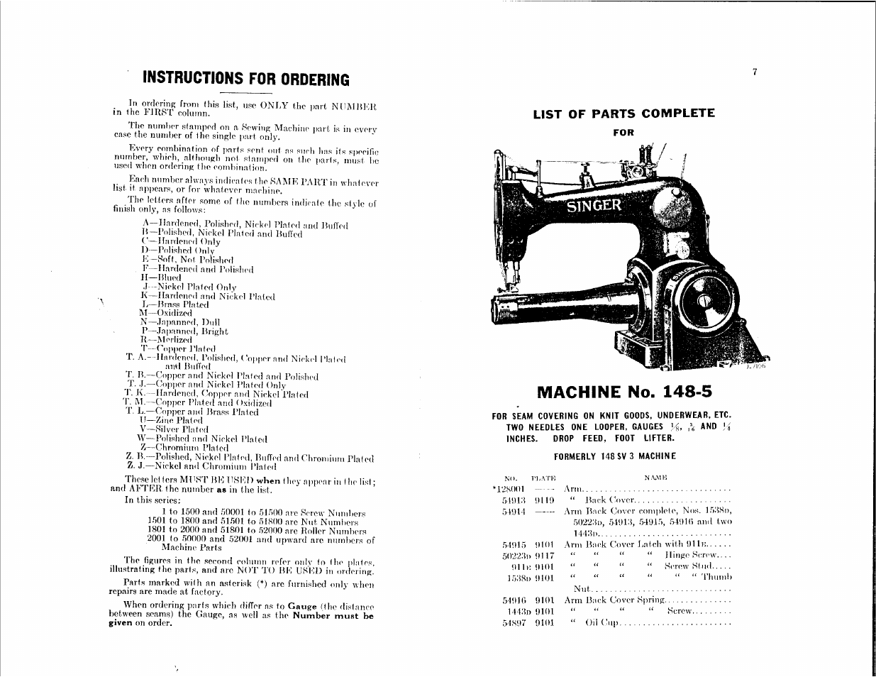 Instructions for ordering, Machine no. 148-5, List of parts complete | SINGER 148-5 User Manual | Page 3 / 24