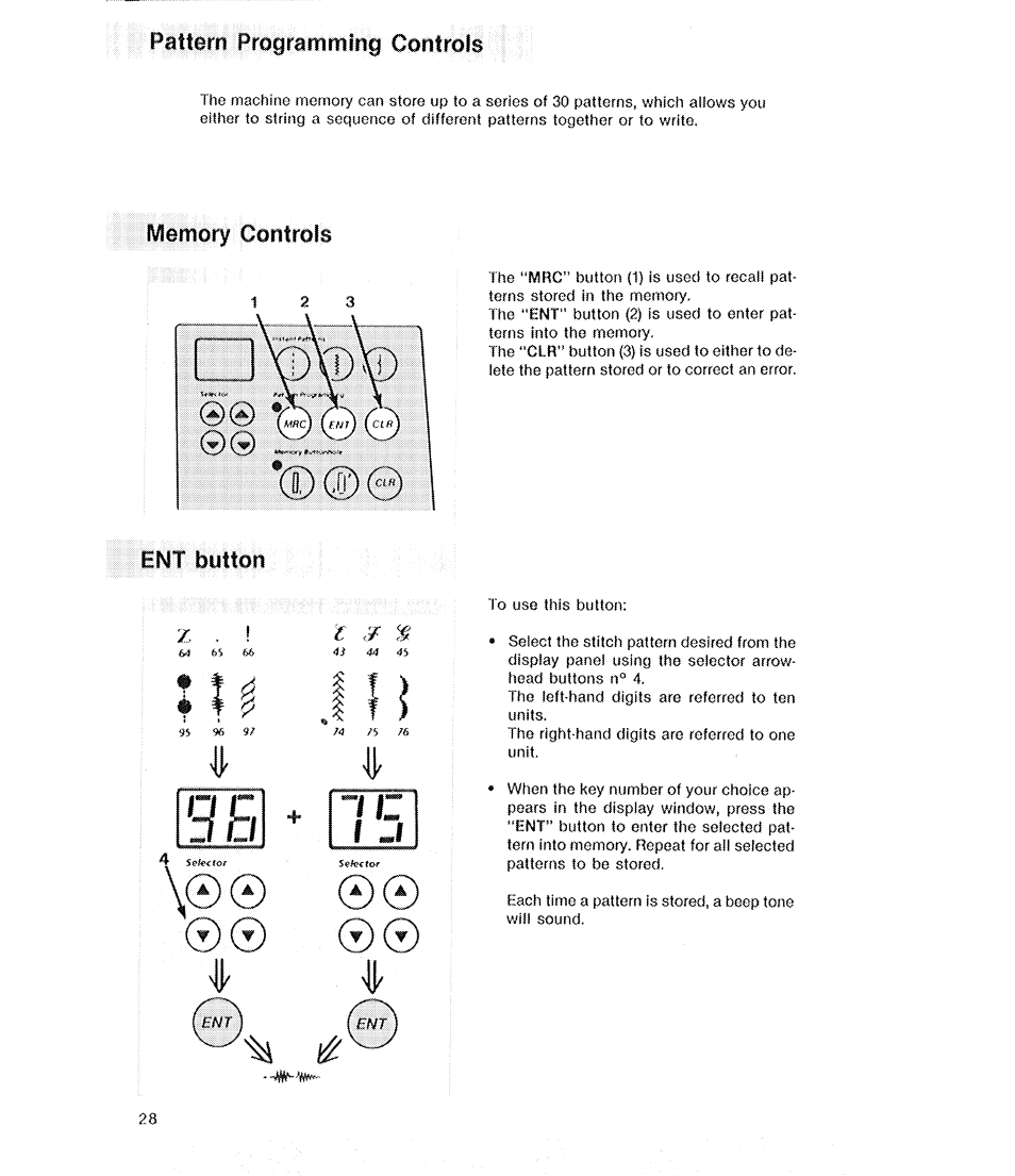 Memory controls, Ent button, The memory controls | Qc hh, 1 i i, Pattern programming controls | SINGER 2210 Athena User Manual | Page 30 / 52