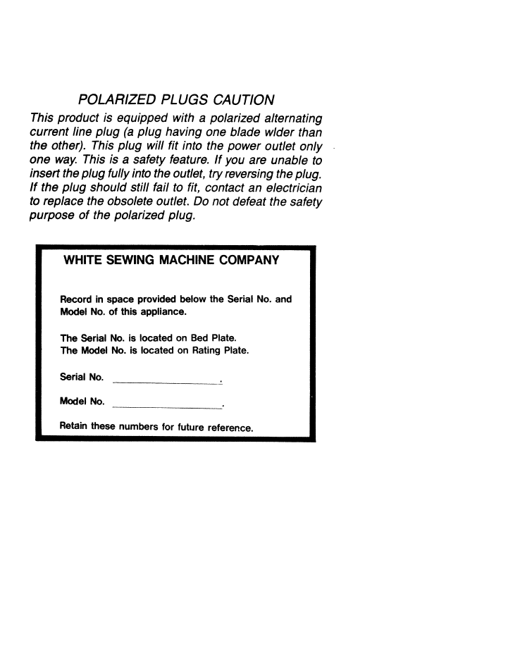 Polarized plugs caution | SINGER W1766 User Manual | Page 2 / 33