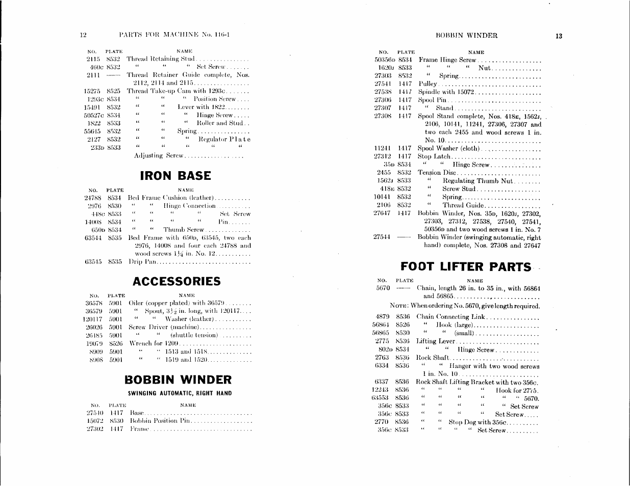 Iron base, Accessories, Bobbin winder | Foot lifter parts | SINGER 116-1 User Manual | Page 6 / 20