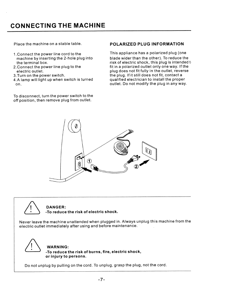 Polarized plug information, Connecting the machine | SINGER W1750C User Manual | Page 9 / 36