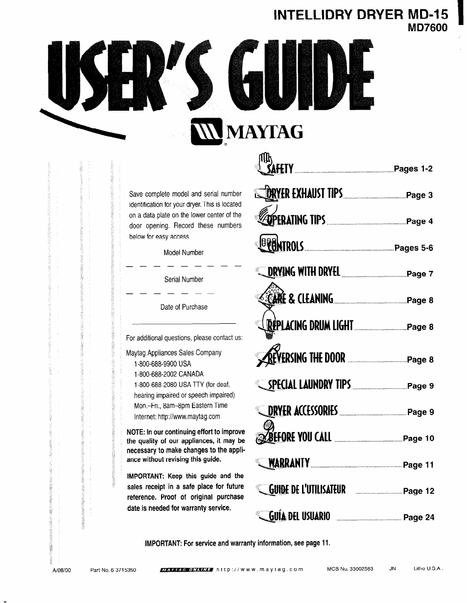 Maytag INTELLIDRY MD-15 User Manual | 12 pages