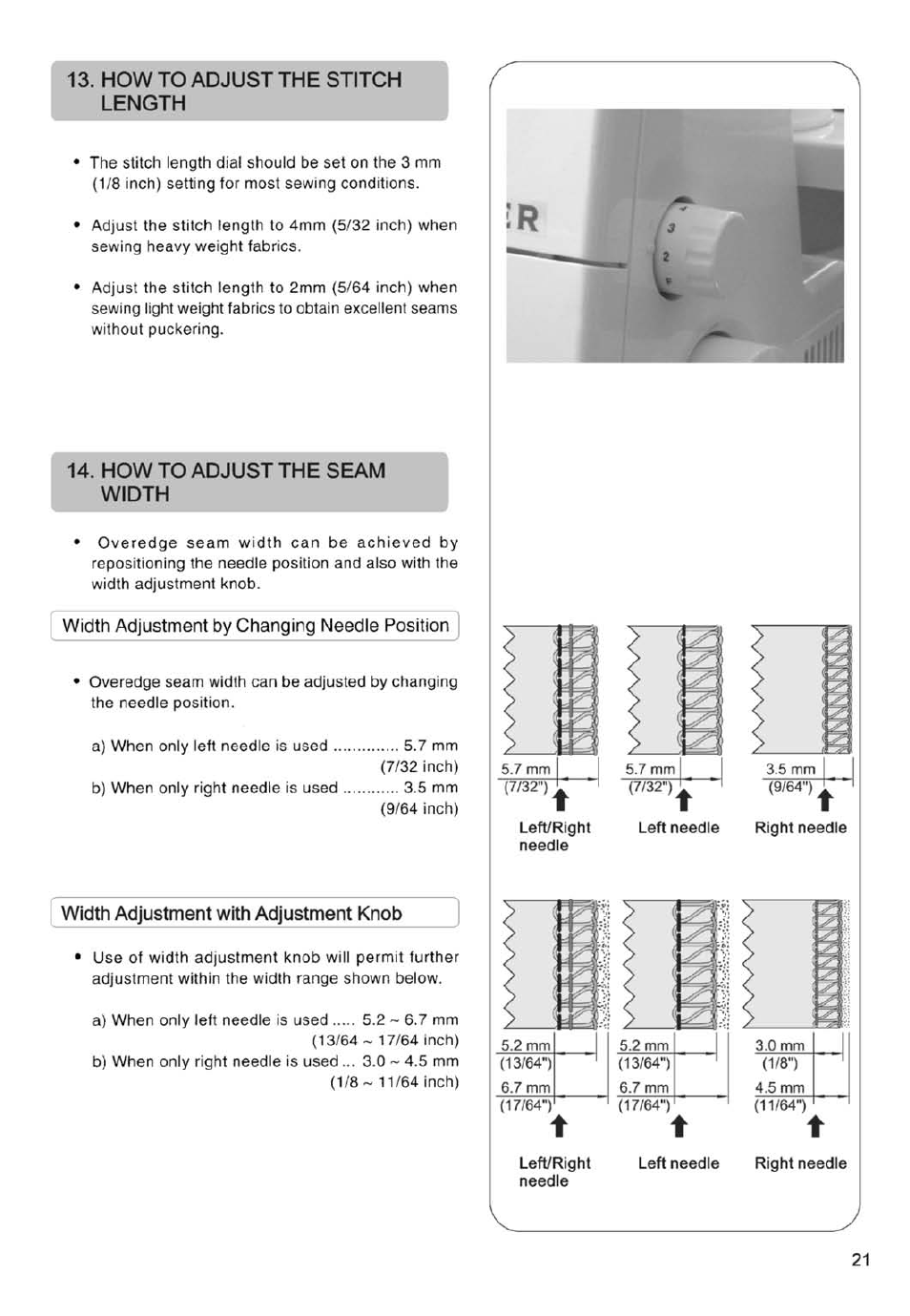 How то adjust the stitch length, How to adjust the seam width, Width adjustment with adjustment knob | How to adjust the stitch length, Л .1 | SINGER 14SH754/14CG754 User Manual | Page 22 / 53