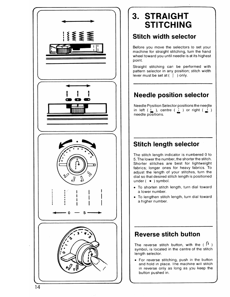 Straight stitching, Stitch width selector, Needle position selector | Stitch length selector, Reverse stitch button, Timiniir | SINGER 6217 User Manual | Page 16 / 48