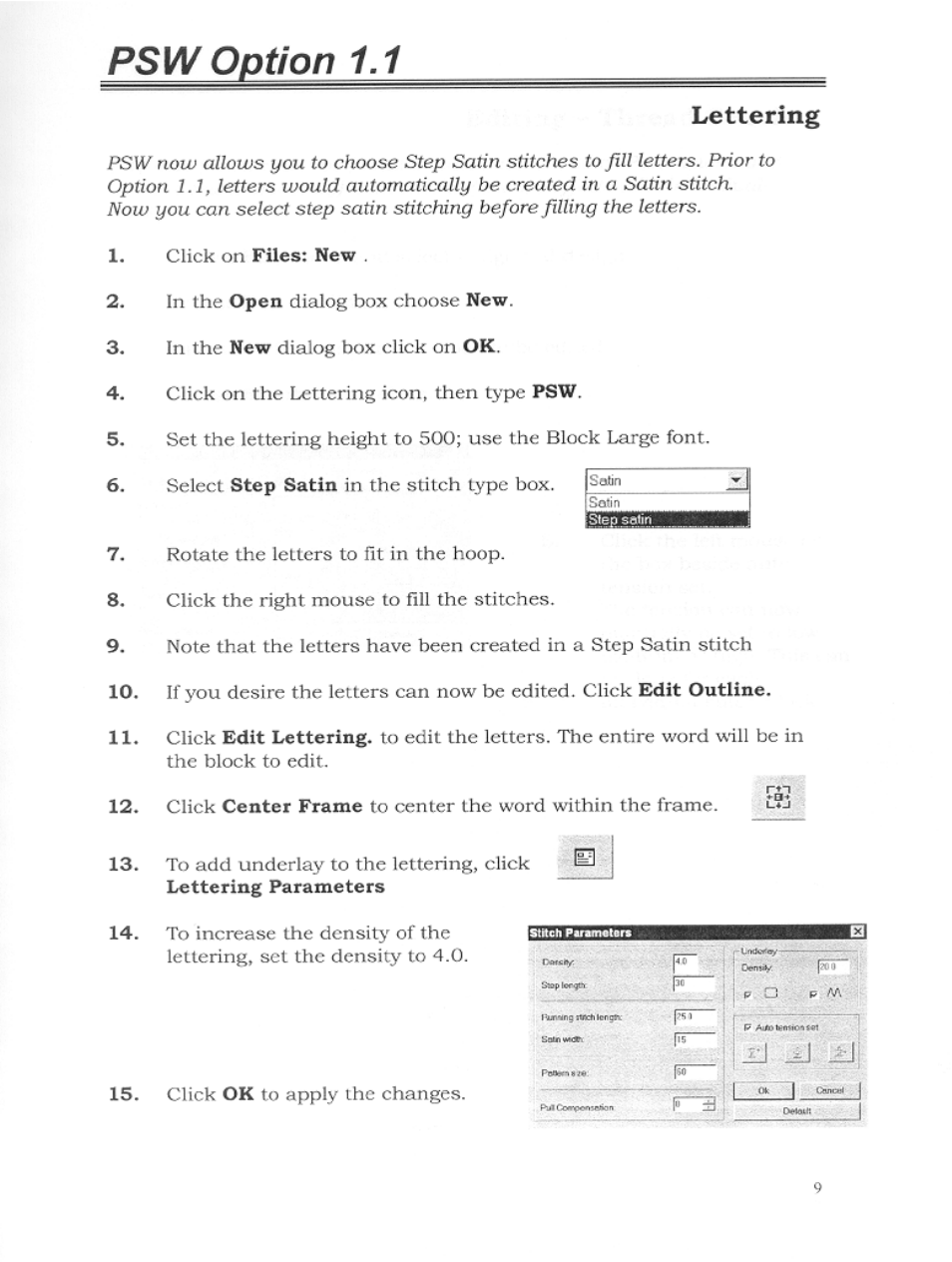 Psw option 1.1, Lettering | SINGER S10 User Manual | Page 12 / 16