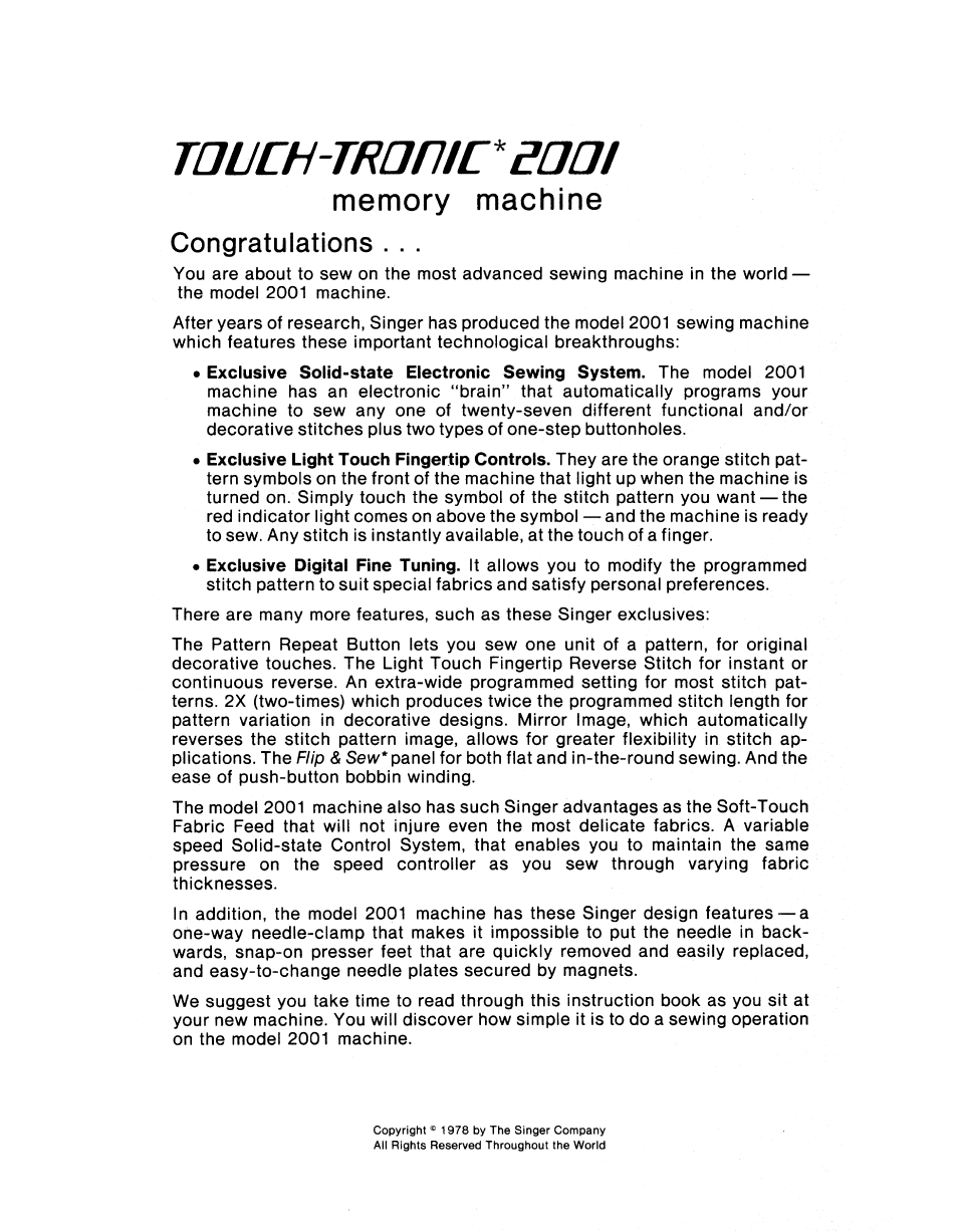 Touch manie вап | SINGER 2001 TouchTronic User Manual | Page 2 / 126