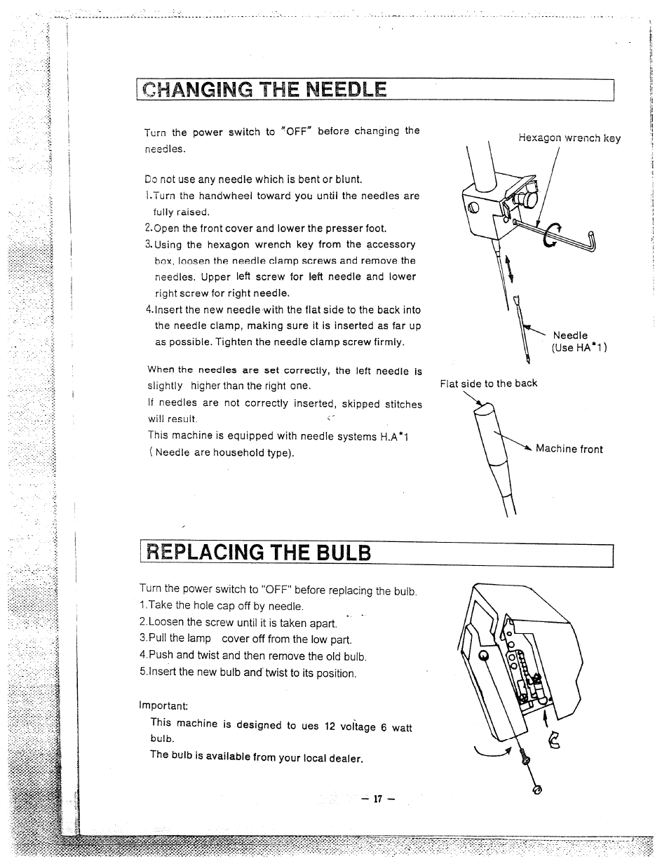 Changing the needle, Replacing the bulb | SINGER W1600 User Manual | Page 18 / 28