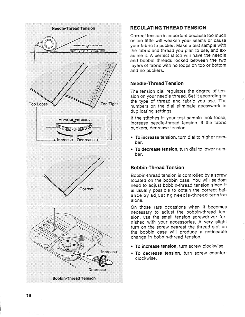 Regulating thread tension, Needfe-ttiread tension, Bobbin-thread tension | SINGER 714 Graduate User Manual | Page 18 / 52