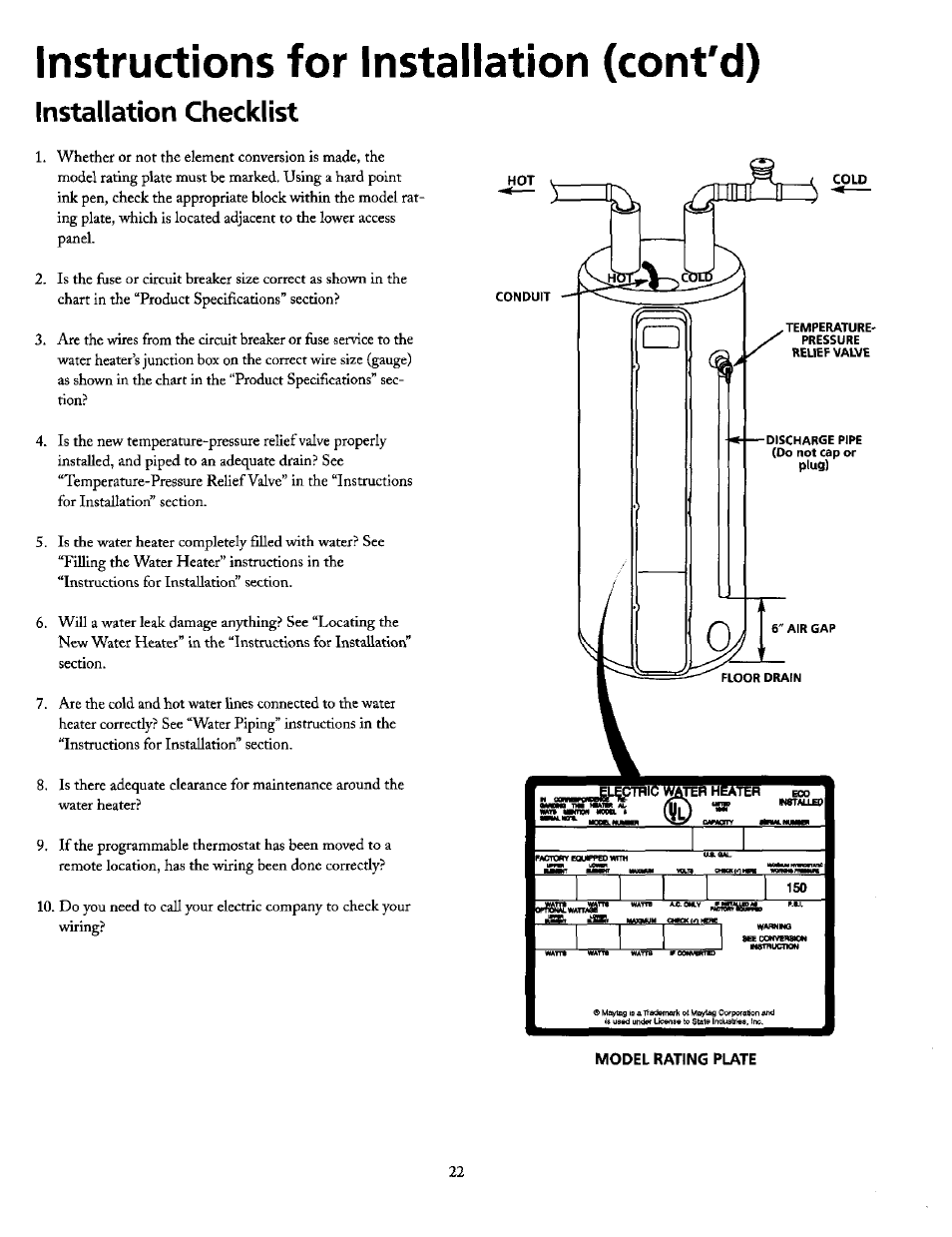 Instructions for installation (cont'd), Installation checklist, Model rating plate | Electric tofter heatlr | Maytag HE21250PC User Manual | Page 22 / 40