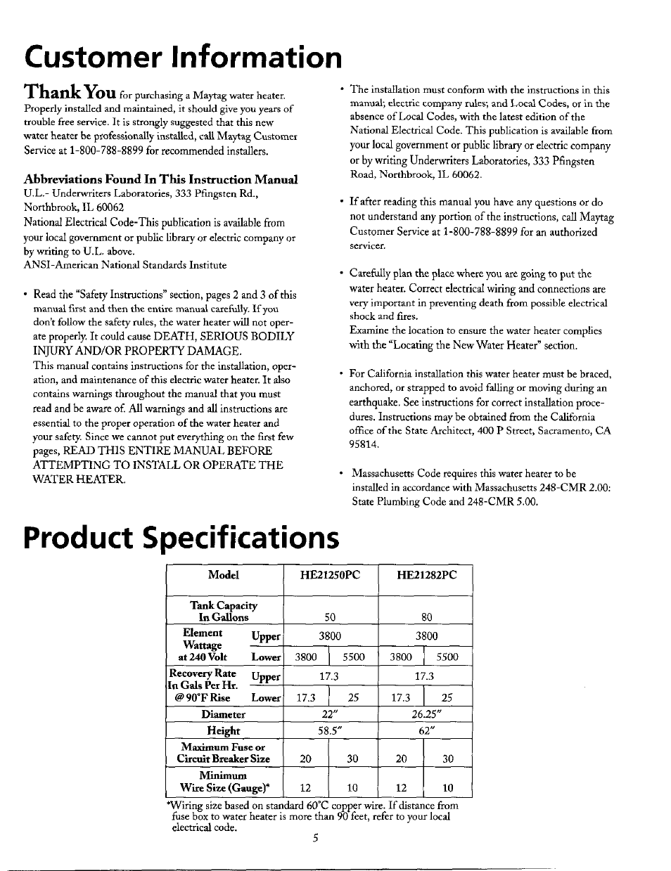 Product specifications, Customer information | Maytag HE21250PC User Manual | Page 5 / 40