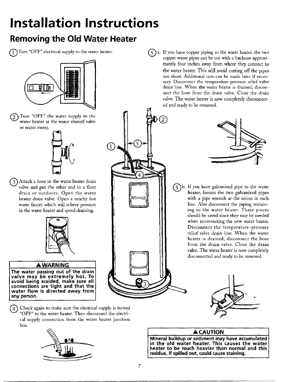 Removing the old water heater, Awarning, A caution | Filling the water heater, Installation instructions | Maytag HE21250PC User Manual | Page 7 / 40