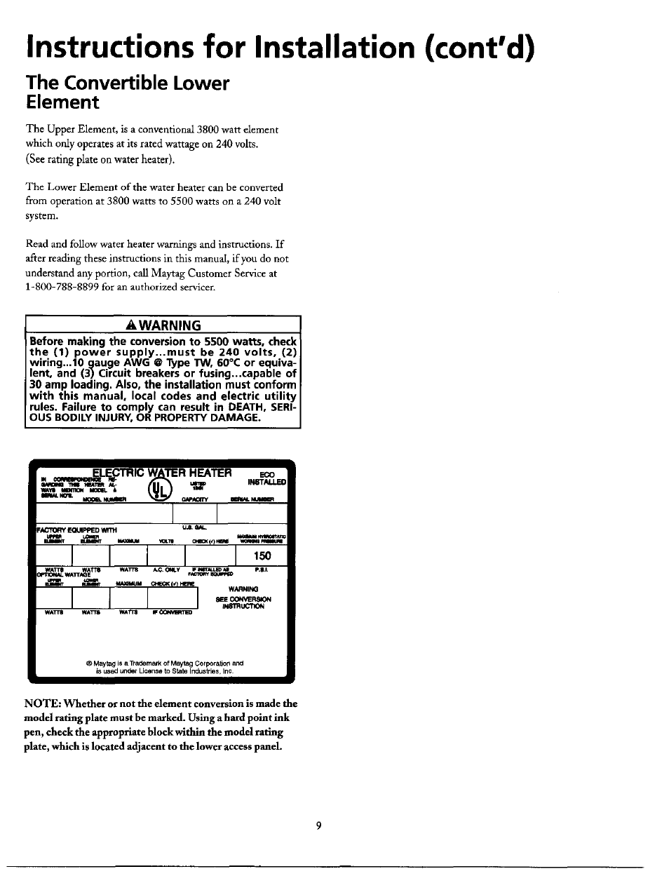 The convertible lower element, Instructions for installation (cont'd), Electric water heater | Mctory boupfed | Maytag HE21250PC User Manual | Page 9 / 40