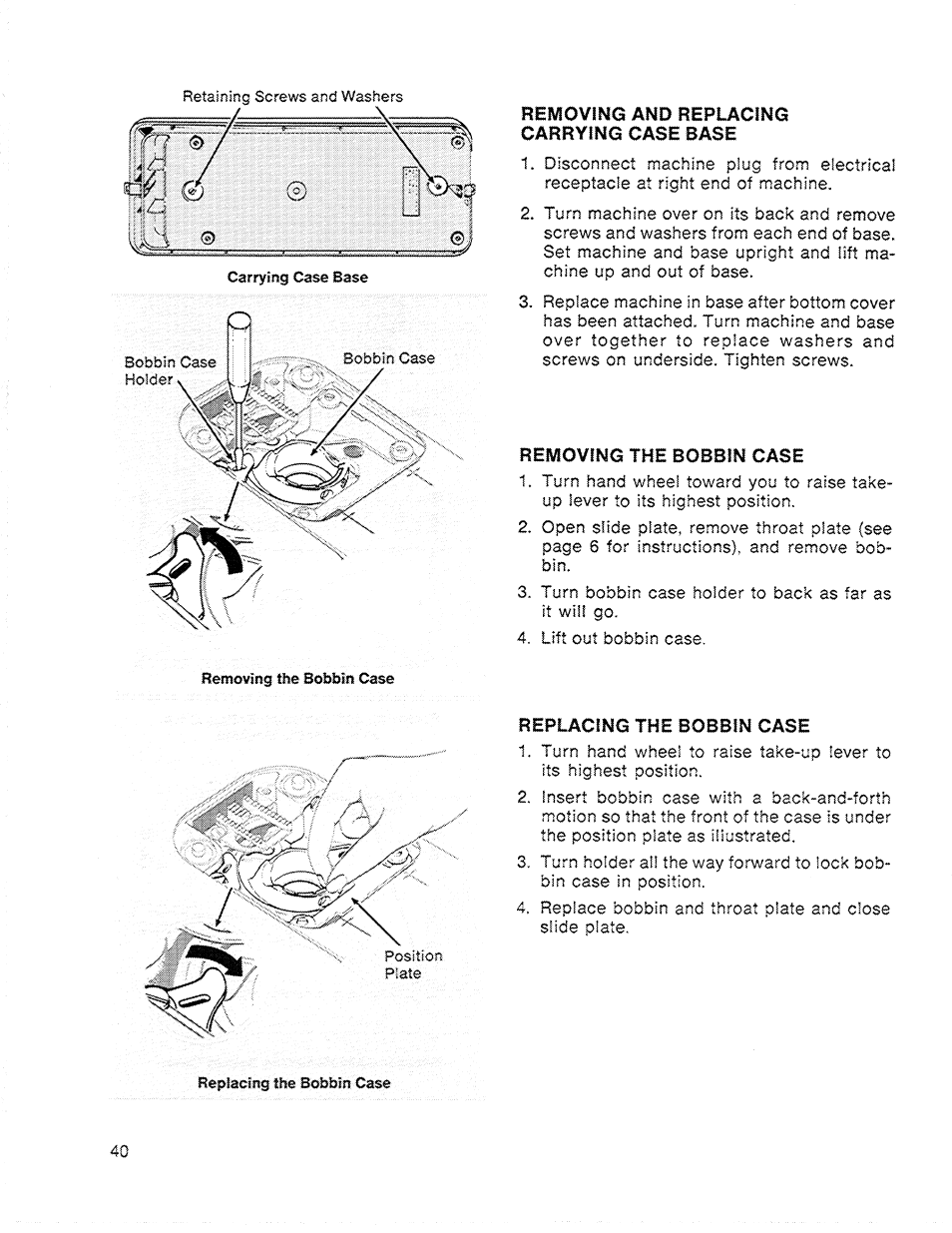 Removing And Replacing Carrying Case Base Removing The Bobbin Case Singer 717 Scholastic User Manual Page 42 48