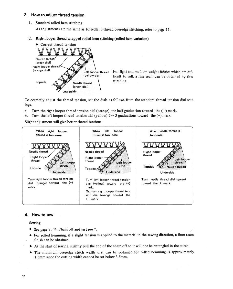 Mmm'kvi, How to adjust thread tension, How to sew | Standard rolled hem stitching, Sewing | SINGER 14U 34B/234B User Manual | Page 18 / 31