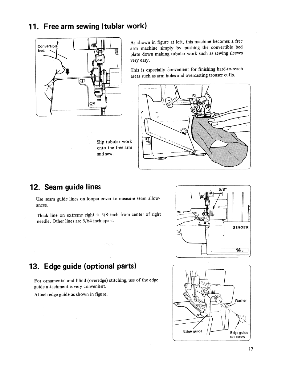 Free arm sewing (tublar work), Seam guide lines, Edge guide (optional parts) | Free arm sewing (tubular work) | SINGER 14U 34B/234B User Manual | Page 21 / 31