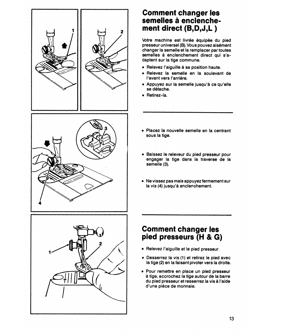 Comment changer les pied presseurs (h & g) | SINGER 7021 Merritt User Manual | Page 15 / 88