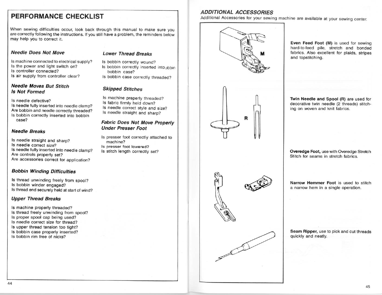 Needle does not move, Needle moves but stitch is not formed, Needle breaks | Bobbin winding difficulties, Lower thread breaks, Skipped stitches, Fabric does not move properly under presser foot, Additional accessories, Performance checklist | SINGER 9124 User Manual | Page 24 / 25