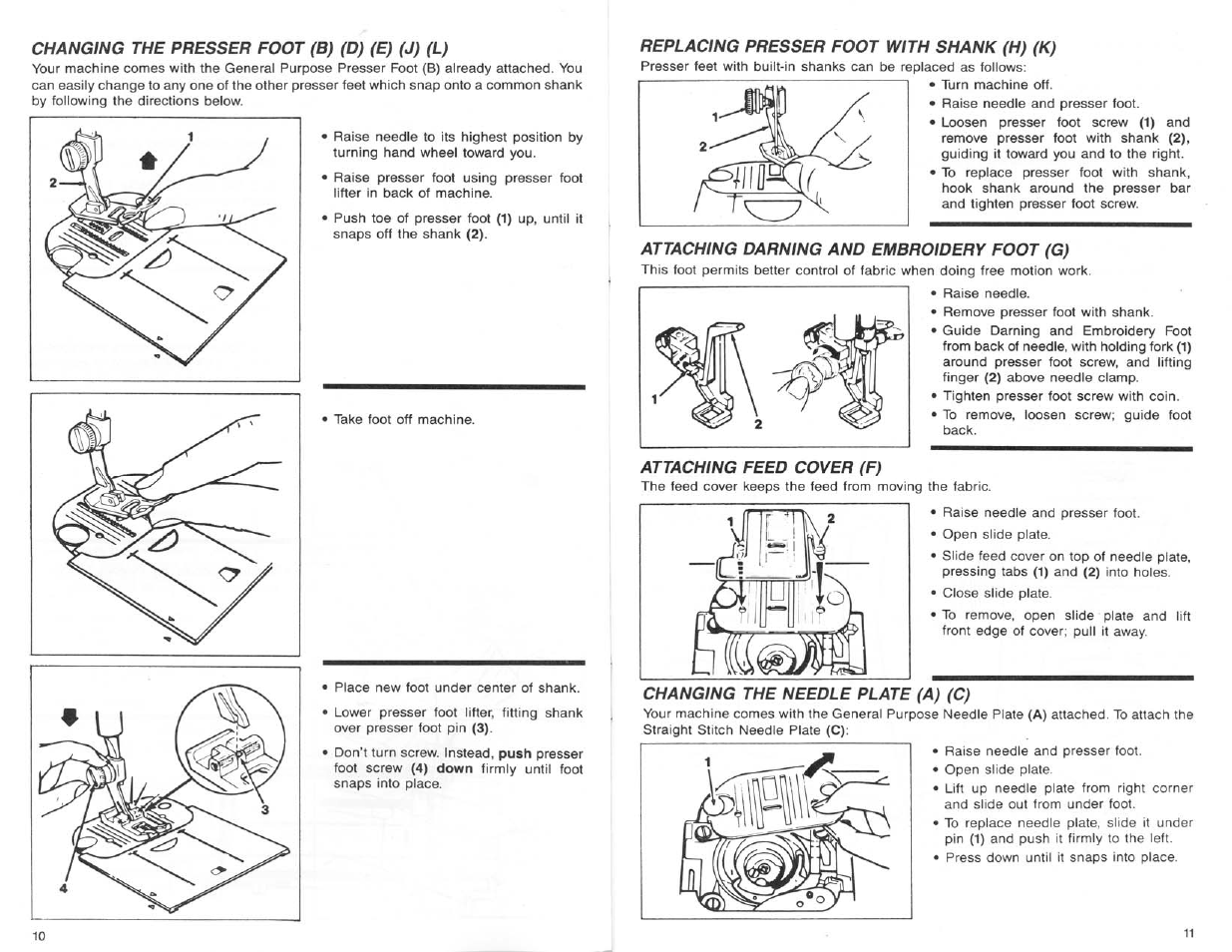 Replacing presser foot with shank (h) (k), Attaching darning and embroidery foot (g), Attaching feed cover (f) | Changing the needle plate (a) (c), Replacing presser foot with shank, Attaching darning and embroidery foot, Attaching feed cover, Changing the needle plate | SINGER 9124 User Manual | Page 7 / 25