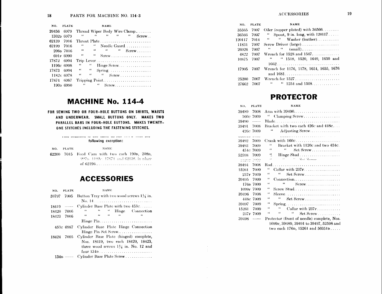 Machine no. 114-4, Accessories, Protector | SINGER 114-3 User Manual | Page 10 / 29