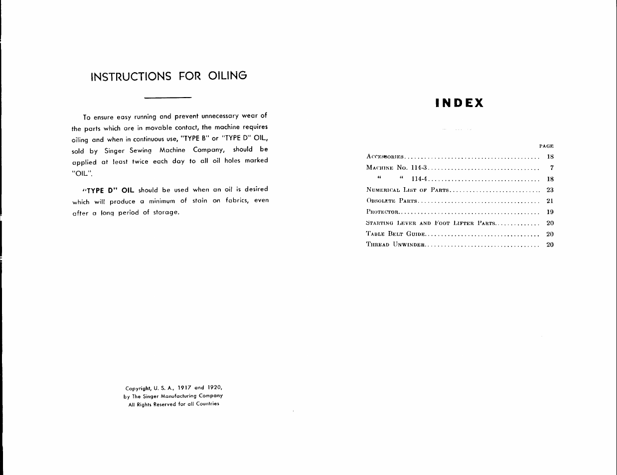 Instructions for oiling | SINGER 114-3 User Manual | Page 2 / 29