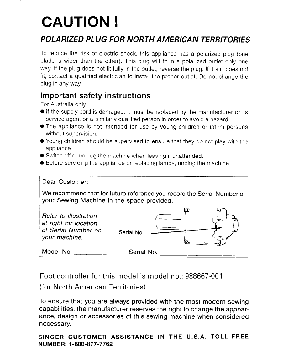 Caution, Important safety instructions | SINGER 9113 User Manual | Page 2 / 40