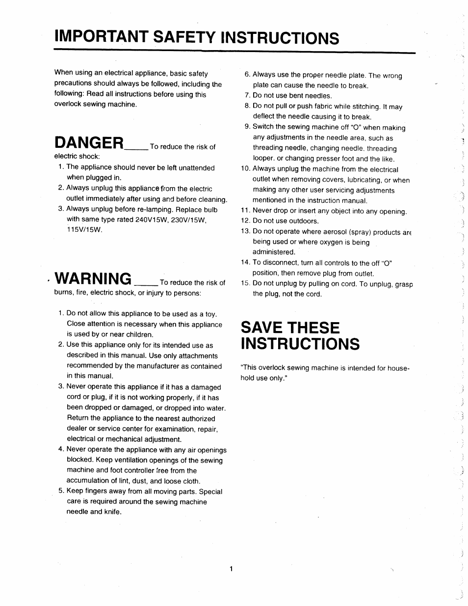 Important safety instructions, Danger, Warning | Save these instructions | SINGER 14T948DS User Manual | Page 2 / 40