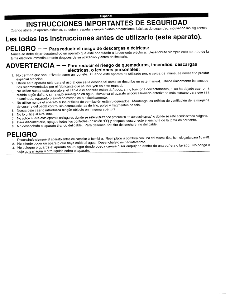 Instrucciones importantes de seguridad, Advertencia, Peligro | SINGER W1425 User Manual | Page 6 / 62