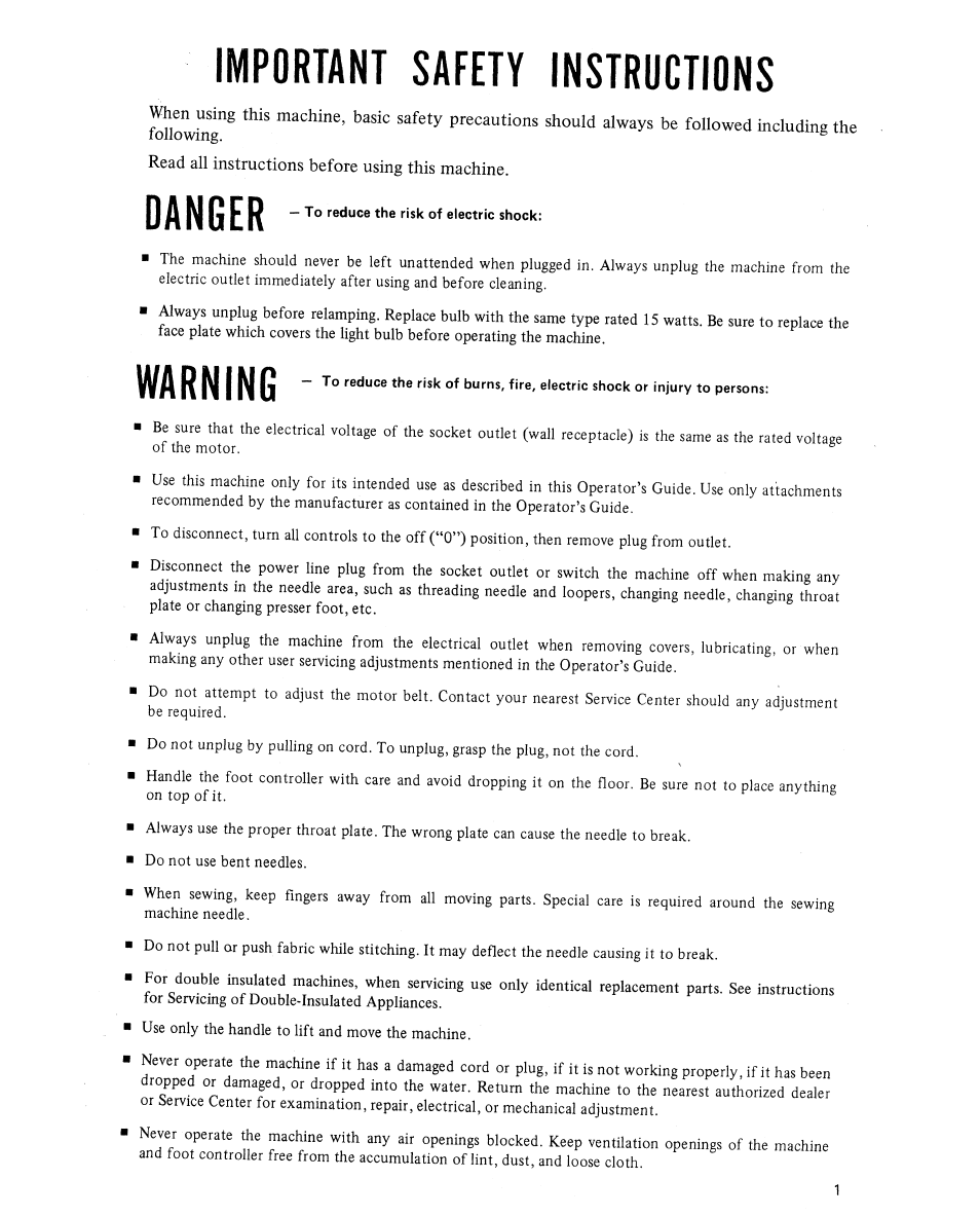 Important safety instructions, Oanger, Warning | SINGER 14U354B User Manual | Page 3 / 48