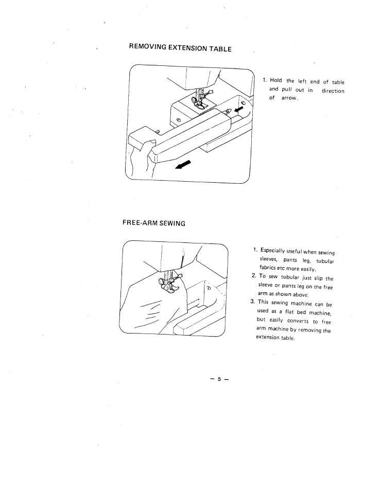 Removing extension table, Free-arm sewing | SINGER W1630 User Manual | Page 8 / 33