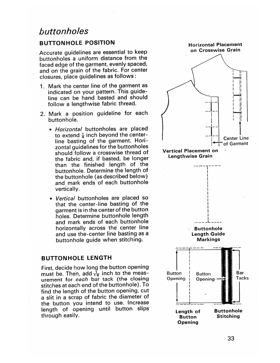 Buttonholes, Buttonhole position, Buttonhole length | SINGER 413 User Manual | Page 35 / 64