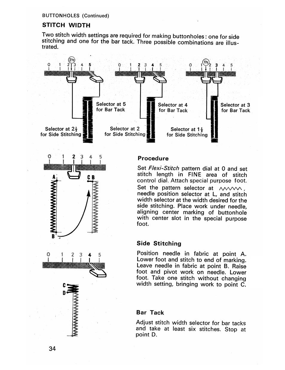 Stitch width, Procedure, Side stitching | Bar tack, Satin stitching | SINGER 413 User Manual | Page 36 / 64