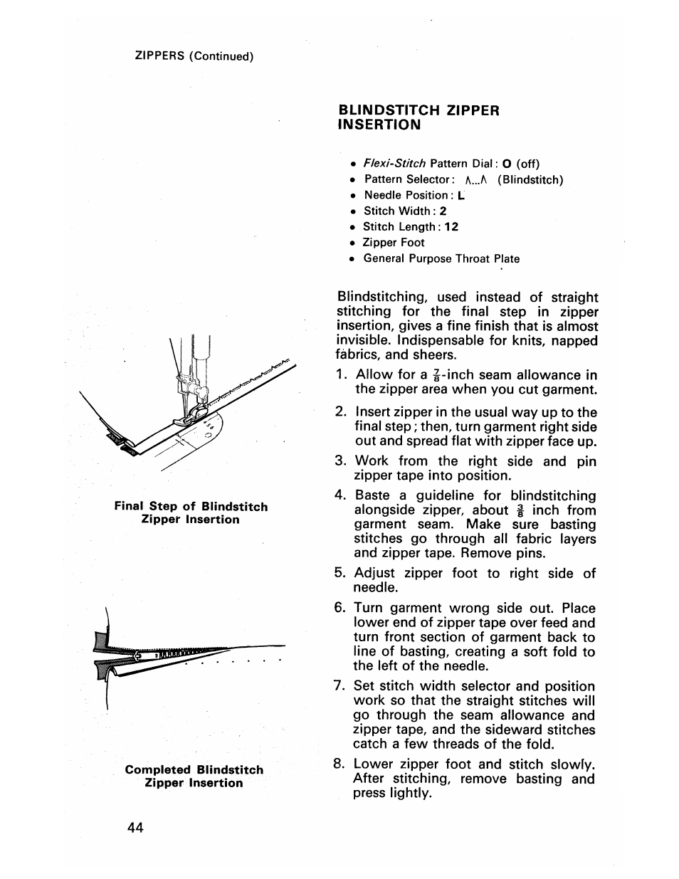 Blindstitch zipper insertion | SINGER 413 User Manual | Page 46 / 64