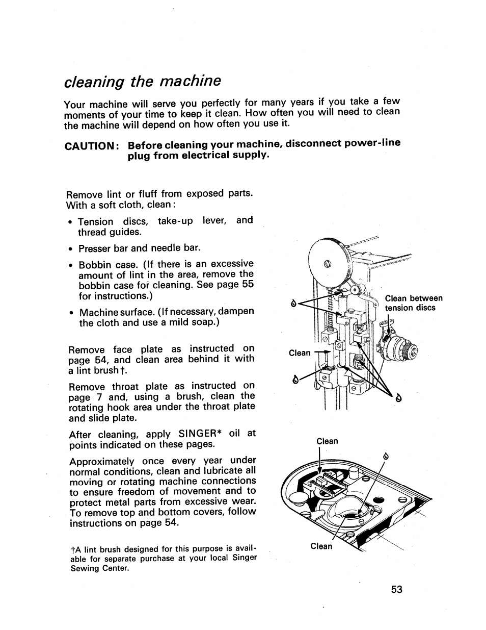 Cleaning the machine, Caring for your machine | SINGER 413 User Manual | Page 55 / 64