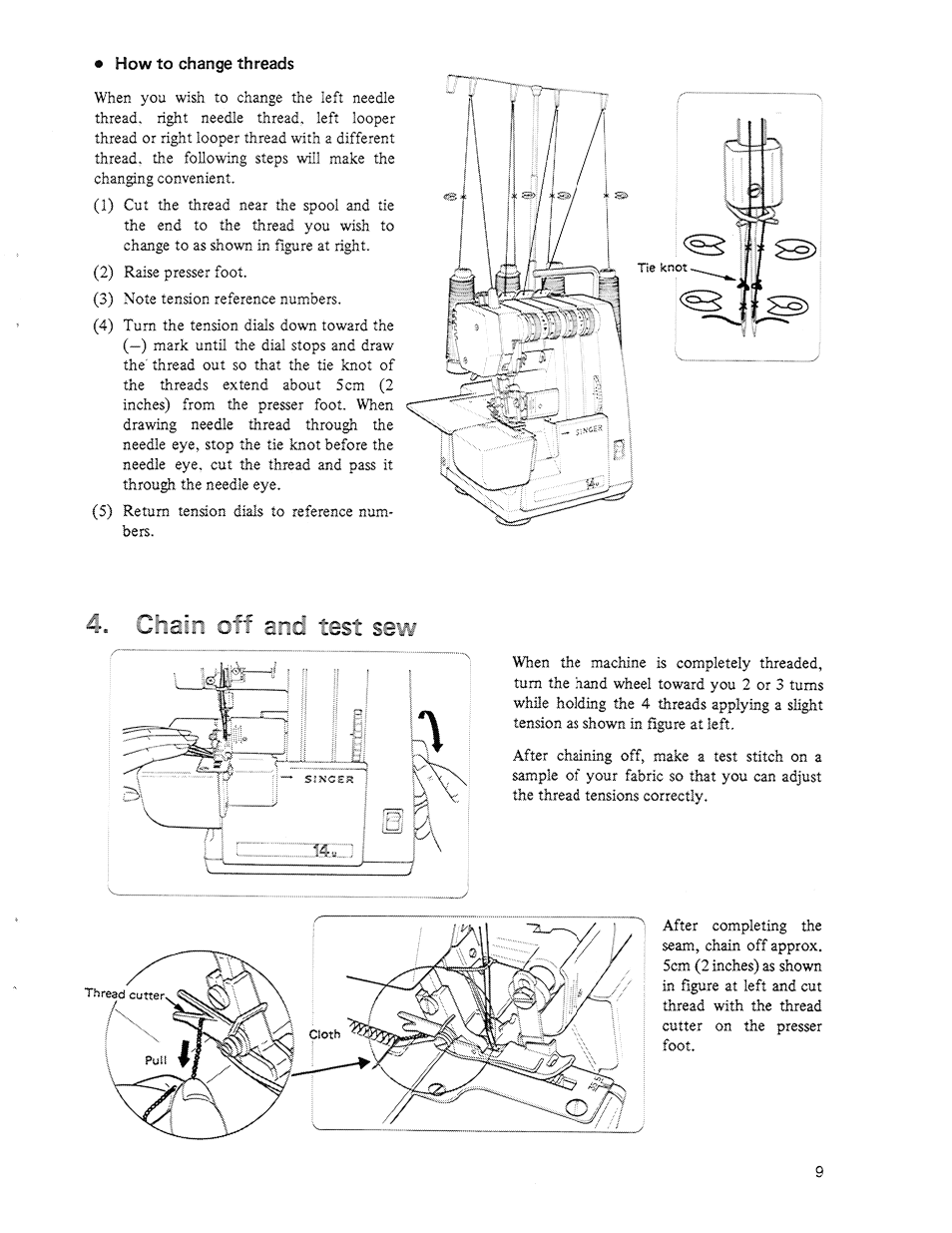 M how to change threads, Chair, off and test sew, How to | Change threads, Chain off and test sew | SINGER 14U64A User Manual | Page 11 / 28
