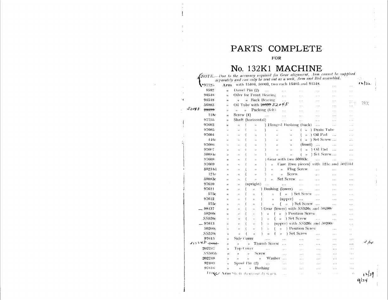 Parts complete, No. 132k1 machine | SINGER 132K4 User Manual | Page 3 / 9
