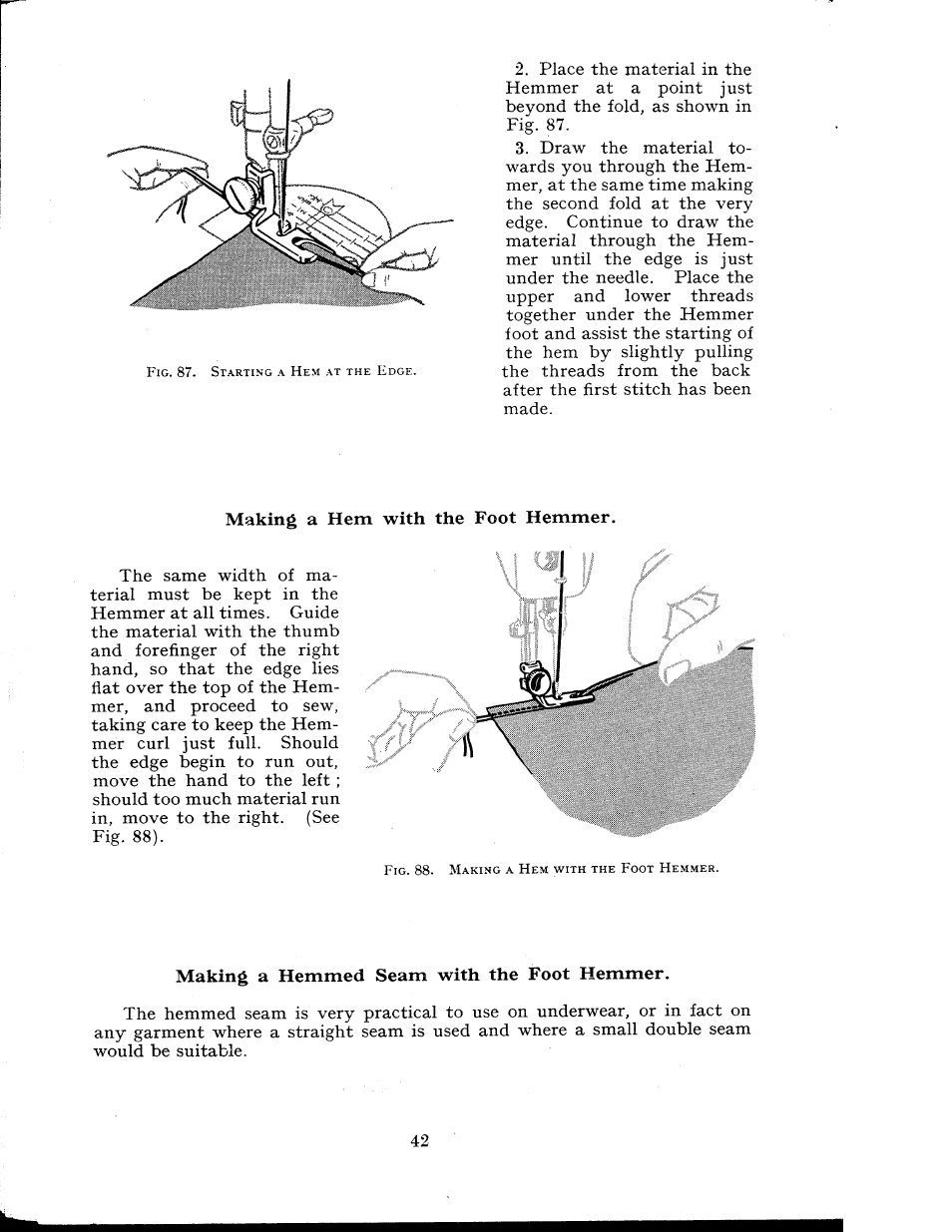Making a hem with the foot hemmer, Making a hemmed seam with the foot hemmer | SINGER 404K User Manual | Page 42 / 78