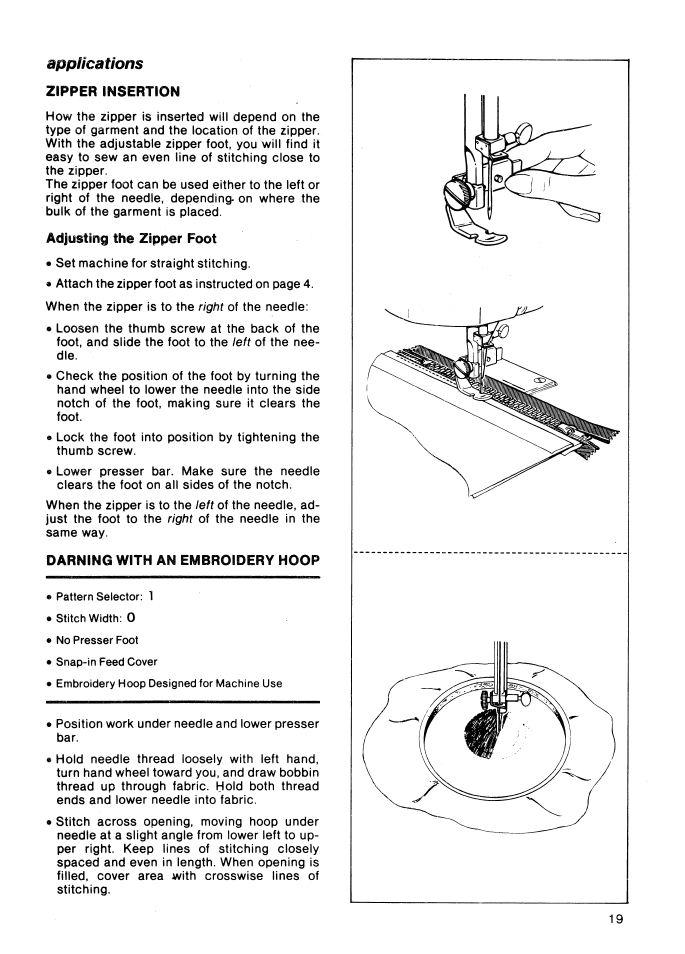 Zipper insertion, Applications | SINGER 5147 User Manual | Page 21 / 42