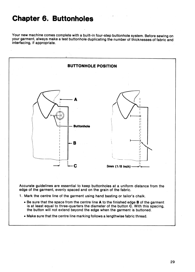 Buttonhole position, Chapter 6. buttonholes | SINGER 5147 User Manual | Page 31 / 42