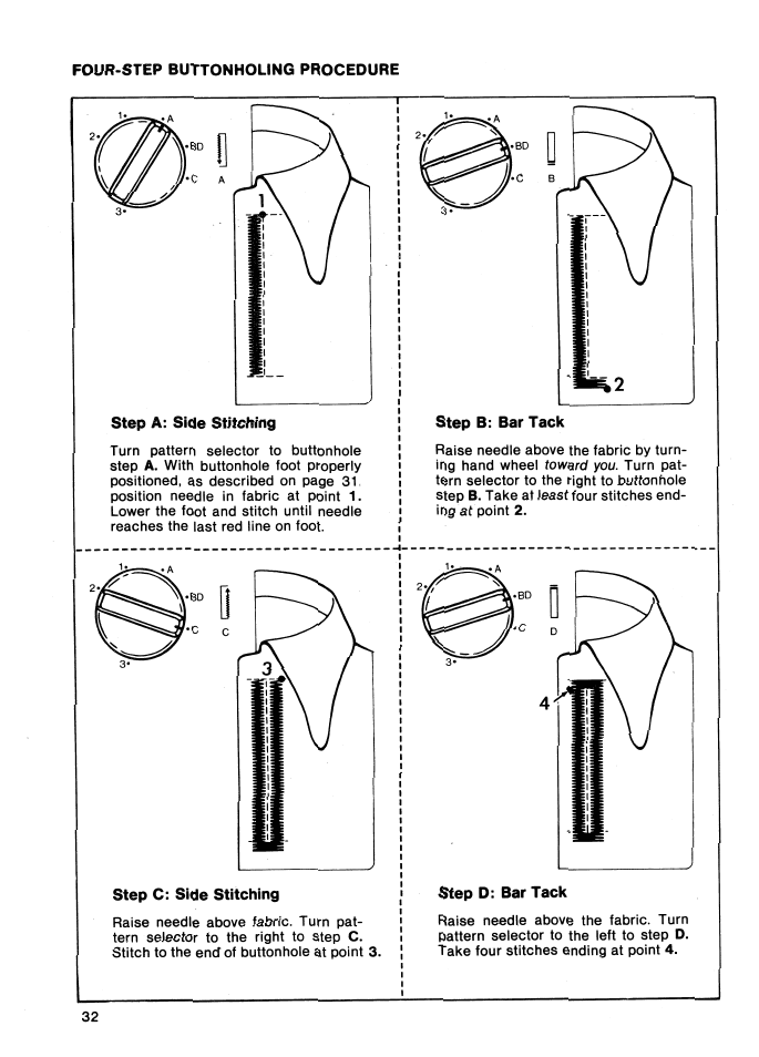 Step a: side stitching, Step b: bar tack, Step c: side stitching | Step d: bar tack | SINGER 5147 User Manual | Page 34 / 42